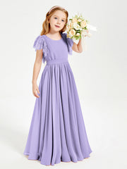 Abiti Damigella Junior In Chiffon Pizzo Maniche A Farfalla Scollo Rotondo Lilla