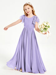 Abiti Damigella Junior In Chiffon Pizzo Maniche A Farfalla Scollo Rotondo Lilla