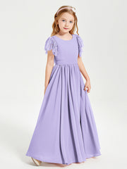Abiti Damigella Junior In Chiffon Pizzo Maniche A Farfalla Scollo Rotondo Lilla