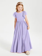 Abiti Damigella Junior In Chiffon Pizzo Maniche A Farfalla Scollo Rotondo Lilla
