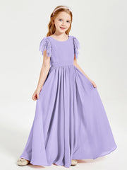 Abiti Damigella Junior In Chiffon Pizzo Maniche A Farfalla Scollo Rotondo Lilla
