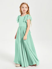 Abiti Damigella Junior In Chiffon Pizzo Maniche A Farfalla Scollo Rotondo Verde Menta