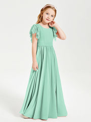 Abiti Damigella Junior In Chiffon Pizzo Maniche A Farfalla Scollo Rotondo Verde Menta