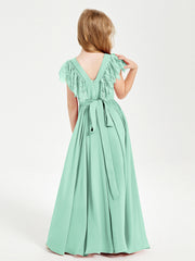 Abiti Damigella Junior In Chiffon Pizzo Maniche A Farfalla Scollo Rotondo Verde Menta