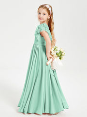 Abiti Damigella Junior In Chiffon Pizzo Maniche A Farfalla Scollo Rotondo Verde Menta