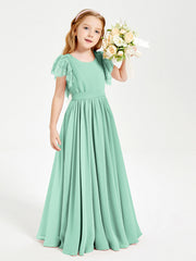 Abiti Damigella Junior In Chiffon Pizzo Maniche A Farfalla Scollo Rotondo Verde Menta