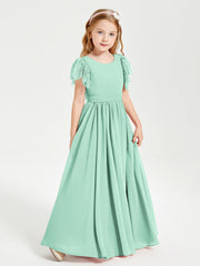 Abiti Damigella Junior In Chiffon Pizzo Maniche A Farfalla Scollo Rotondo Verde Menta