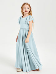 Abiti Damigella Junior In Chiffon Pizzo Maniche A Farfalla Scollo Rotondo Nebbia