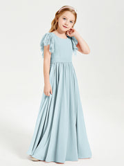 Abiti Damigella Junior In Chiffon Pizzo Maniche A Farfalla Scollo Rotondo Nebbia