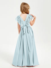 Abiti Damigella Junior In Chiffon Pizzo Maniche A Farfalla Scollo Rotondo Nebbia