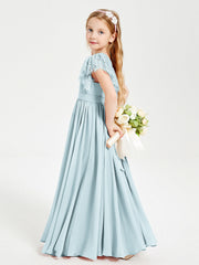 Abiti Damigella Junior In Chiffon Pizzo Maniche A Farfalla Scollo Rotondo Nebbia