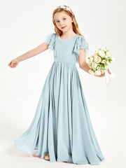 Abiti Damigella Junior In Chiffon Pizzo Maniche A Farfalla Scollo Rotondo Nebbia