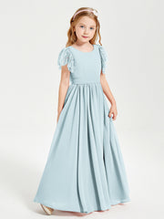 Abiti Damigella Junior In Chiffon Pizzo Maniche A Farfalla Scollo Rotondo Nebbia
