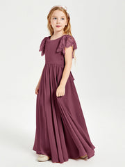 Abiti Damigella Junior In Chiffon Pizzo Maniche A Farfalla Scollo Rotondo Gelso