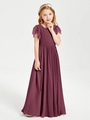 Abiti Damigella Junior In Chiffon Pizzo Maniche A Farfalla Scollo Rotondo Gelso
