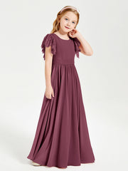 Abiti Damigella Junior In Chiffon Pizzo Maniche A Farfalla Scollo Rotondo Gelso