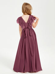 Abiti Damigella Junior In Chiffon Pizzo Maniche A Farfalla Scollo Rotondo Gelso