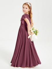 Abiti Damigella Junior In Chiffon Pizzo Maniche A Farfalla Scollo Rotondo Gelso