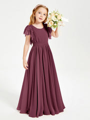 Abiti Damigella Junior In Chiffon Pizzo Maniche A Farfalla Scollo Rotondo Gelso