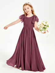 Abiti Damigella Junior In Chiffon Pizzo Maniche A Farfalla Scollo Rotondo Gelso