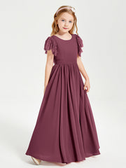 Abiti Damigella Junior In Chiffon Pizzo Maniche A Farfalla Scollo Rotondo Gelso