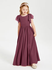 Abiti Damigella Junior In Chiffon Pizzo Maniche A Farfalla Scollo Rotondo Gelso