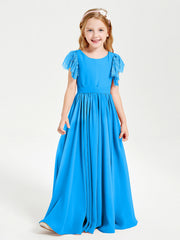 Abiti Damigella Junior In Chiffon Pizzo Maniche A Farfalla Scollo Rotondo Blu Oceano