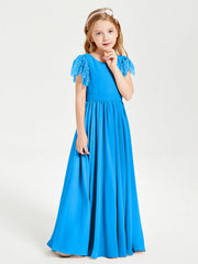 Abiti Damigella Junior In Chiffon Pizzo Maniche A Farfalla Scollo Rotondo Blu Oceano