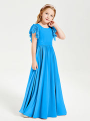 Abiti Damigella Junior In Chiffon Pizzo Maniche A Farfalla Scollo Rotondo Blu Oceano