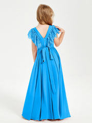 Abiti Damigella Junior In Chiffon Pizzo Maniche A Farfalla Scollo Rotondo Blu Oceano