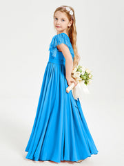 Abiti Damigella Junior In Chiffon Pizzo Maniche A Farfalla Scollo Rotondo Blu Oceano
