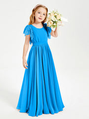 Abiti Damigella Junior In Chiffon Pizzo Maniche A Farfalla Scollo Rotondo Blu Oceano