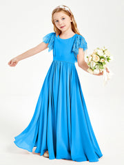 Abiti Damigella Junior In Chiffon Pizzo Maniche A Farfalla Scollo Rotondo Blu Oceano