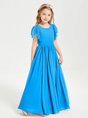 Abiti Damigella Junior In Chiffon Pizzo Maniche A Farfalla Scollo Rotondo Blu Oceano