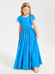 Abiti Damigella Junior In Chiffon Pizzo Maniche A Farfalla Scollo Rotondo Blu Oceano