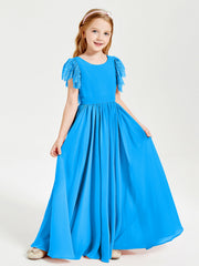Abiti Damigella Junior In Chiffon Pizzo Maniche A Farfalla Scollo Rotondo Blu Oceano