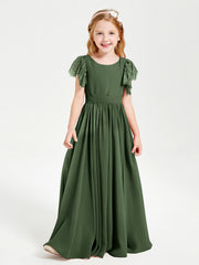 Abiti Damigella Junior In Chiffon Pizzo Maniche A Farfalla Scollo Rotondo Verde Oliva