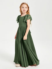 Abiti Damigella Junior In Chiffon Pizzo Maniche A Farfalla Scollo Rotondo Verde Oliva