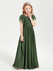 Abiti Damigella Junior In Chiffon Pizzo Maniche A Farfalla Scollo Rotondo Verde Oliva