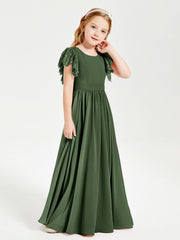 Abiti Damigella Junior In Chiffon Pizzo Maniche A Farfalla Scollo Rotondo Verde Oliva