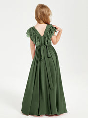 Abiti Damigella Junior In Chiffon Pizzo Maniche A Farfalla Scollo Rotondo Verde Oliva