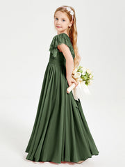 Abiti Damigella Junior In Chiffon Pizzo Maniche A Farfalla Scollo Rotondo Verde Oliva