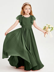 Abiti Damigella Junior In Chiffon Pizzo Maniche A Farfalla Scollo Rotondo Verde Oliva