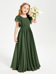 Abiti Damigella Junior In Chiffon Pizzo Maniche A Farfalla Scollo Rotondo Verde Oliva