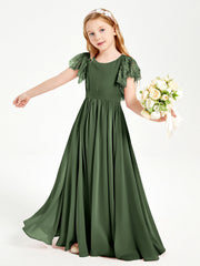 Abiti Damigella Junior In Chiffon Pizzo Maniche A Farfalla Scollo Rotondo Verde Oliva