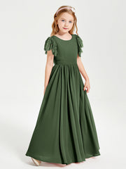 Abiti Damigella Junior In Chiffon Pizzo Maniche A Farfalla Scollo Rotondo Verde Oliva