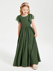 Abiti Damigella Junior In Chiffon Pizzo Maniche A Farfalla Scollo Rotondo Verde Oliva
