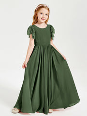 Abiti Damigella Junior In Chiffon Pizzo Maniche A Farfalla Scollo Rotondo Verde Oliva