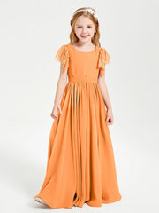 Abiti Damigella Junior In Chiffon Pizzo Maniche A Farfalla Scollo Rotondo Arancio