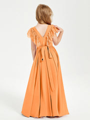 Abiti Damigella Junior In Chiffon Pizzo Maniche A Farfalla Scollo Rotondo Arancio